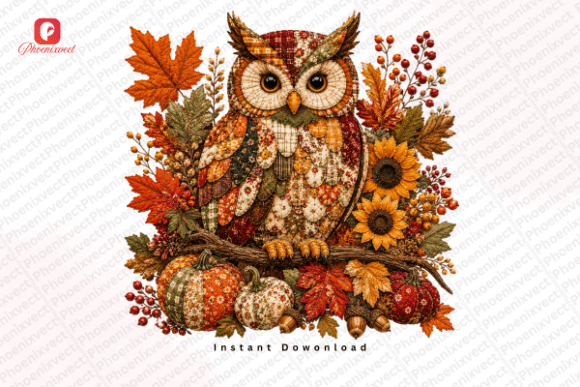 Download Patchwork Autumn Fall Woodland Owl PNG - Wood Collection